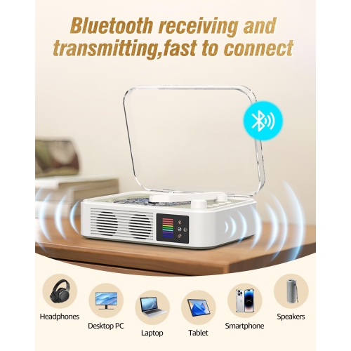 Lecteur CD portatif Bluetooth LED de bureau rétro pour la maison, lecteur CD rechargeable avec haut-parleur, sortie Bluetooth et entrée - Blanc