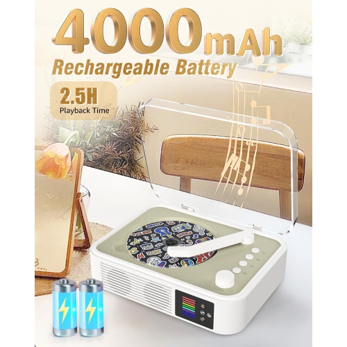 Lecteur CD portatif Bluetooth LED de bureau rétro pour la maison, lecteur CD rechargeable avec haut-parleur, sortie Bluetooth et entrée - Blanc
