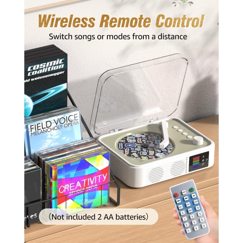 Lecteur CD portatif Bluetooth LED de bureau rétro pour la maison, lecteur CD rechargeable avec haut-parleur, sortie Bluetooth et entrée - Blanc