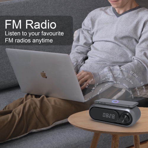 Portable Bluetooth Speaker with Clock,LED Time Display,10W Wireless Charging USB Charger,Digital Clock Speaker-Black