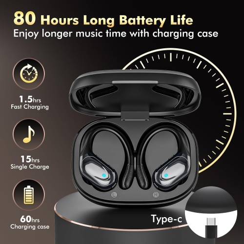 Wireless Earbuds Bluetooth Headphones Open-Ear Buds with Mic Power Display Headsets for Sports Workout Running-Black