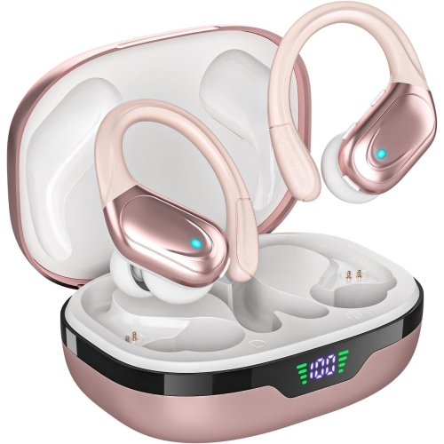 Wireless Earbuds Bluetooth Headphones Open-Ear Buds Power Display Earphones with Mic Headsets for Sports Workout Running-Rose Gold