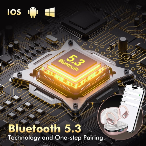 Wireless Earbuds Bluetooth Headphones Open-Ear Buds Power Display Earphones with Mic Headsets for Sports Workout Running-Rose Gold