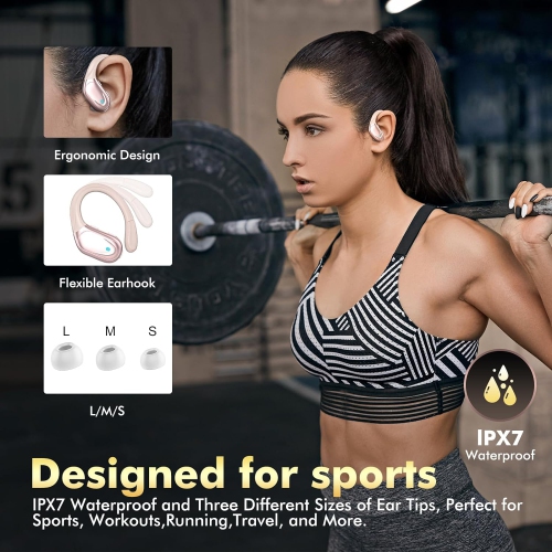 Wireless Earbuds Bluetooth Headphones Open-Ear Buds Power Display Earphones with Mic Headsets for Sports Workout Running-Rose Gold