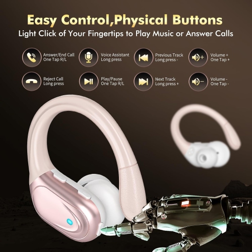 Wireless Earbuds Bluetooth Headphones Open-Ear Buds Power Display Earphones with Mic Headsets for Sports Workout Running-Rose Gold