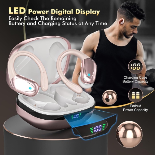 Wireless Earbuds Bluetooth Headphones Open-Ear Buds Power Display Earphones with Mic Headsets for Sports Workout Running-Rose Gold