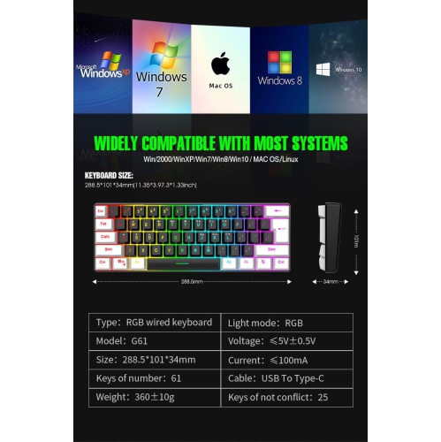 60% wired Gaming keyboard, RGB backlit ultra-small keyboard, waterproof portable, computer/MAC game keyboard