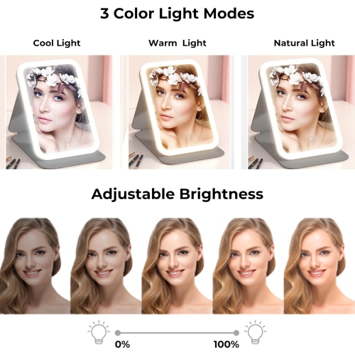 Miroir de maquillage avec miroir de courtoisie rechargeable USB léger | Miroir de maquillage de voyage à DEL avec miroir grossissant 5X, 3 modes