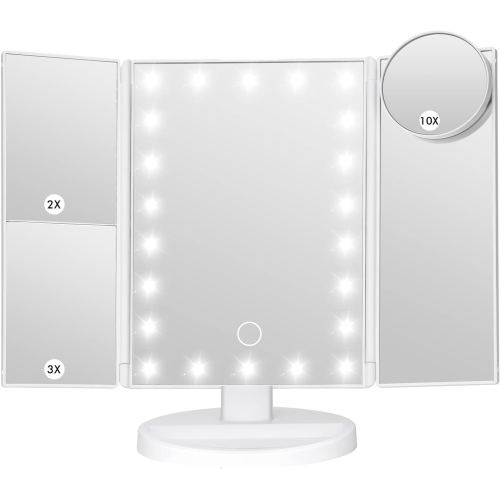 NESDCC  Makeup Mirror Vanity Mirror \w Lights, Bathroom Adjustable Brightness Mirrors 1X/2X/3X/10X Magnification And Touch Screen Trifold Makeup Mirror