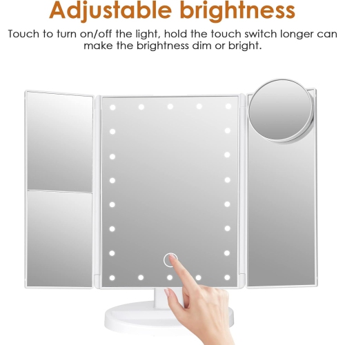 Makeup Mirror Vanity Mirror with Lights, Bathroom Adjustable Brightness Mirrors 1X/2X/3X/10X Magnification and Touch Screen Trifold Makeup Mirror