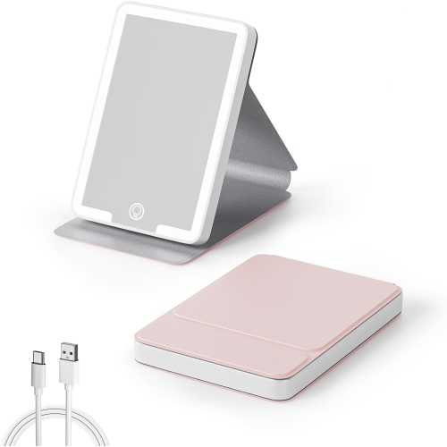 NESDCC  Travel Makeup Mirror, 4.6" 2.95"portable Led Lighted Makeup Mirror, 3 Colors Touch Dimmable Vanity Mirror, Rechargeable Tabletop Folding