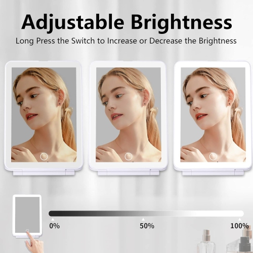 Miroir de voyage rechargeable avec lumière, miroir portatif avec lumières, grossissement de 3X/5X, éclairage de 3 couleurs, intensité du capteur