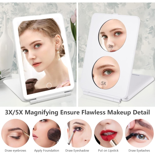 Miroir de voyage rechargeable avec lumière, miroir portatif avec lumières, grossissement de 3X/5X, éclairage de 3 couleurs, intensité du capteur