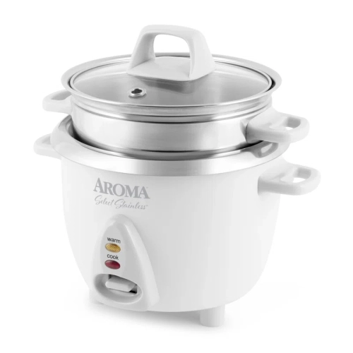 AROMA Select 3-Cup Stainless Rice Cooker with Steamer, White