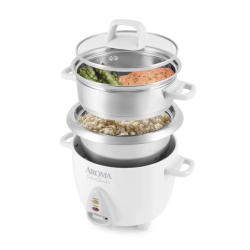 AROMA Select 3-Cup Stainless Rice Cooker with Steamer, White