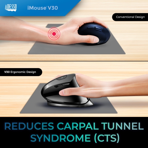 Adesso iMouse V30 Ergonomic Vertical Mouse – 2.4GHz Wireless, Adjustable Angles, Optical Sensor, Variable DPI, Rechargeable, Right-Handed, Carpal