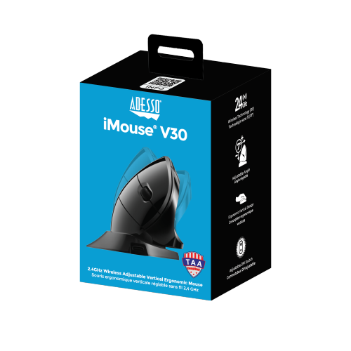 Adesso iMouse V30 Ergonomic Vertical Mouse – 2.4GHz Wireless, Adjustable Angles, Optical Sensor, Variable DPI, Rechargeable, Right-Handed, Carpal