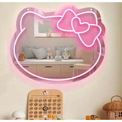 PRISMI  Sanrio Officially Licensed Cute Cat Led Neon Sign, USB Powered Wall Hanging Mirror \w Switch Control, Cartoon Pattern for Bedroom, Beauty