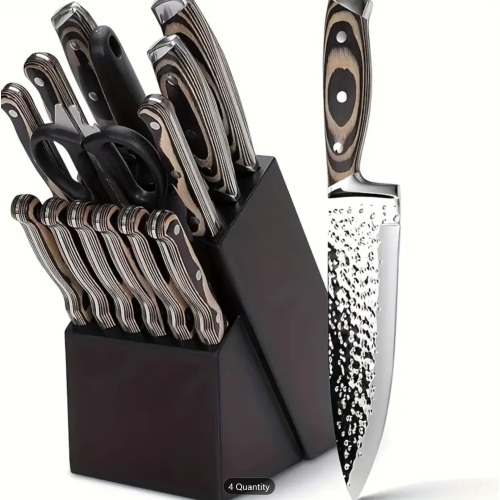 15pcs Premium Japanese Stainless Steel Knife Set with Wooden Block - Ultra Sharp, Full-Tang Design, Irregular Hammer Pattern - Includes Chef's Knife,