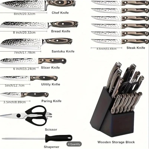 15pcs Premium Japanese Stainless Steel Knife Set with Wooden Block - Ultra Sharp, Full-Tang Design, Irregular Hammer Pattern - Includes Chef's Knife,