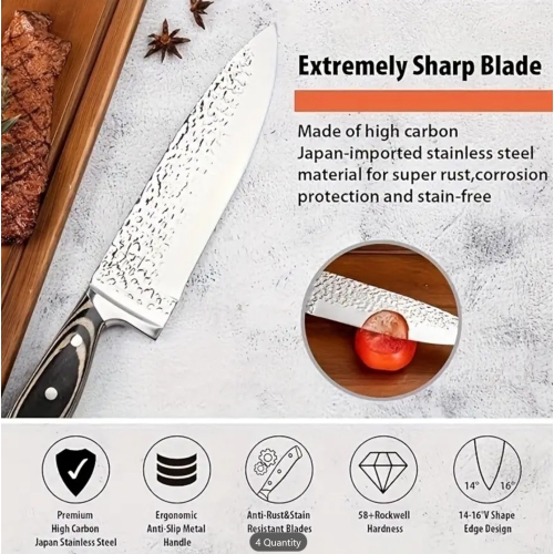 15pcs Premium Japanese Stainless Steel Knife Set with Wooden Block - Ultra Sharp, Full-Tang Design, Irregular Hammer Pattern - Includes Chef's Knife,