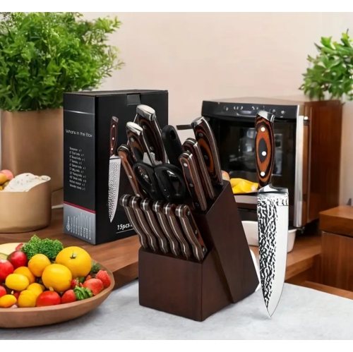 15pcs Premium Japanese Stainless Steel Knife Set with Wooden Block - Ultra Sharp, Full-Tang Design, Irregular Hammer Pattern - Includes Chef's Knife,