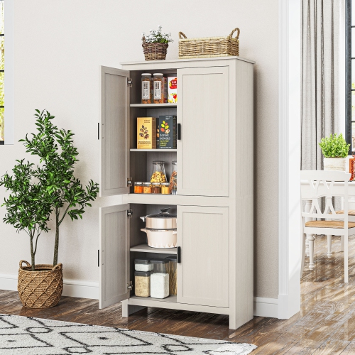 HOMCOM 64" Tall Kitchen Pantry Cabinet, Kitchen Pantry Storage Cabinet with 4 Doors and 3 Adjustable Shelves, Antique White