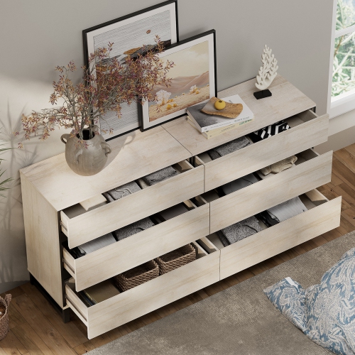 Commodes WAMPAT pour chambre à coucher avec 6 tiroirs, coffre de rangement de 63 po de largeur avec base en métal, commode moderne en bois pour