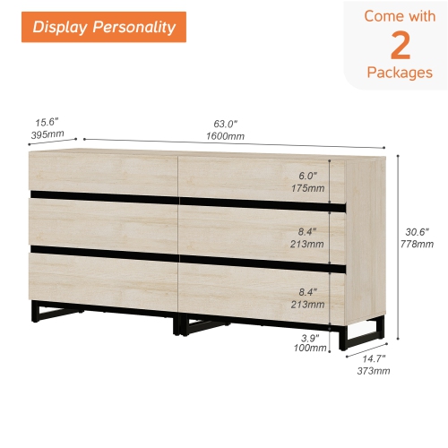 Commodes WAMPAT pour chambre à coucher avec 6 tiroirs, coffre de rangement de 63 po de largeur avec base en métal, commode moderne en bois pour