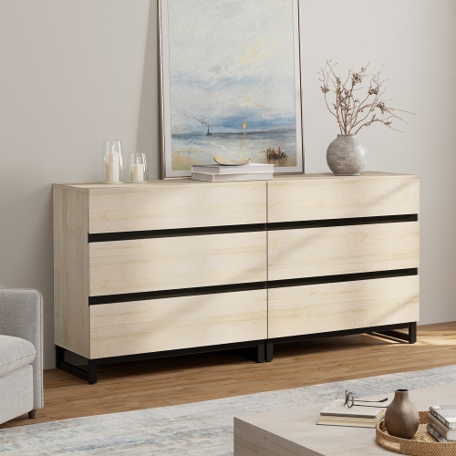 Commodes WAMPAT pour chambre à coucher avec 6 tiroirs, coffre de rangement de 63 po de largeur avec base en métal, commode moderne en bois pour