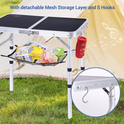 PetginHome Folding Camping Table, Adjustable Folding Table Portable Camp Tables with Mesh Layer for Outdoor Camp,Picnic,BBQ