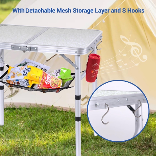 Table de camping pliante de PetginHome, table pliante ajustable Table de camping portative avec couche en filet pour le camping, le pique-nique et le