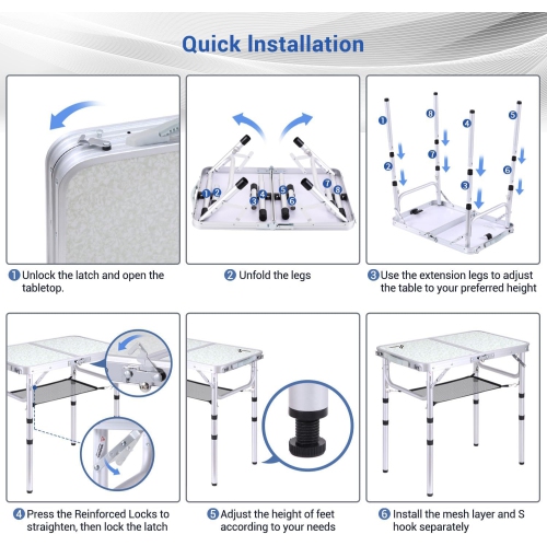 Table de camping pliante de PetginHome, table pliante ajustable Table de camping portative avec couche en filet pour le camping, le pique-nique et le