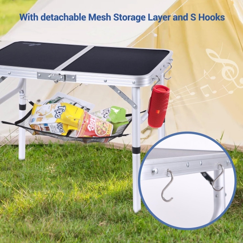 Table de camping pliante de PetginHome, table pliante ajustable Table de camping portative avec couche en filet pour le camping, le pique-nique et le