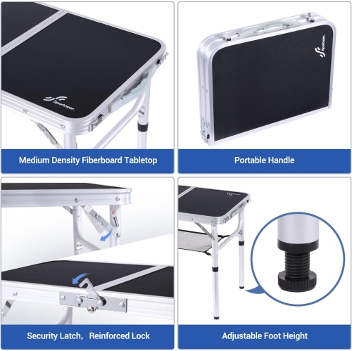 Table de camping pliante de PetginHome, table pliante ajustable Table de camping portative avec couche en filet pour le camping, le pique-nique et le