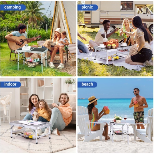 Table de camping pliante de PetginHome, table pliante ajustable Table de camping portative avec couche en filet pour le camping, le pique-nique et le