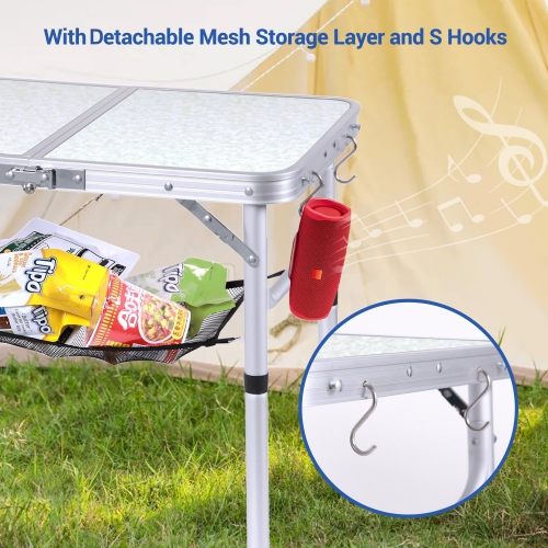 Table de camping pliante de PetginHome, table pliante ajustable Table de camping portative avec couche en filet pour le camping, le pique-nique et le
