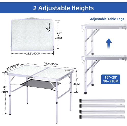 Table de camping pliante de PetginHome, table pliante ajustable Table de camping portative avec couche en filet pour le camping, le pique-nique et le