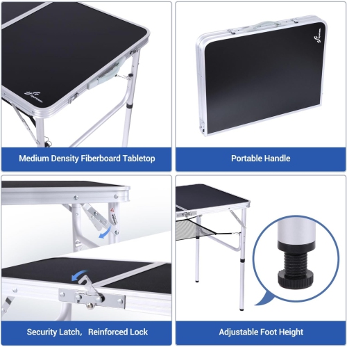 Table de camping pliante de PetginHome, table pliante ajustable Table de camping portative avec couche en filet pour le camping, le pique-nique et le