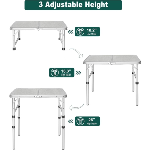 Table pliante de 2 pi de PetginHome, table pliable à hauteur réglable, table de camping légère et portative en aluminium, 3 hauteurs, 40.6D x