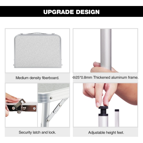 Table pliante de 2 pi de PetginHome, table pliable à hauteur réglable, table de camping légère et portative en aluminium, 3 hauteurs, 40.6D x