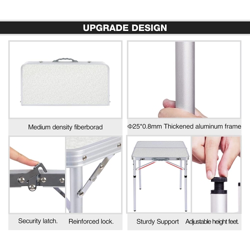 Table pliante de 2 pi de PetginHome, table pliante à hauteur réglable, table de camping légère et portative en aluminium, 2 hauteurs, 68D x 59 W