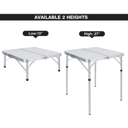 Table pliante de 2 pi de PetginHome, table pliante à hauteur réglable, table de camping légère et portative en aluminium, 2 hauteurs, 68D x 59 W