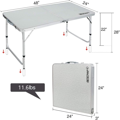 Table pliante de 4 pi de PetginHome, table pliante à hauteur réglable, table de camping légère et portative en aluminium, 2 hauteurs, 60D x