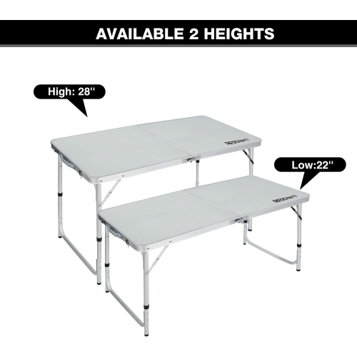 Table pliante de 4 pi de PetginHome, table pliable à hauteur réglable, table de camping légère et portative en aluminium, 2 hauteurs, 61D x