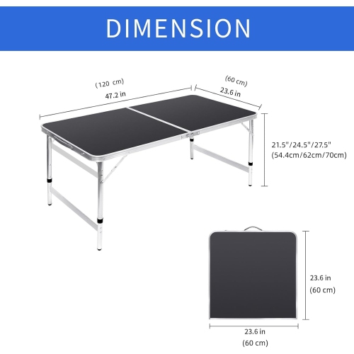Petite table pliante de 4 pi Table de camping pliable Table de barbecue Table de pique-nique Portable Mesh 3 Hauteur réglable pour pique-nique, plage