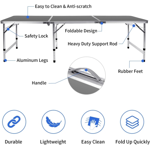 Petite table pliante de 6 pi Table de camping pliable Table de barbecue Table de pique-nique Portable Mesh 3 Hauteur réglable pour pique-nique, plage