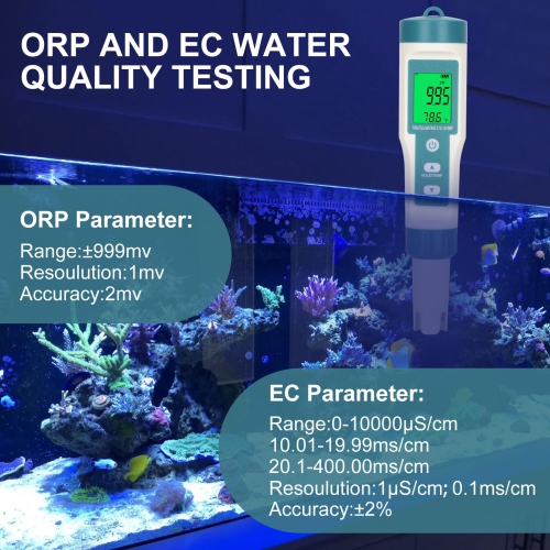 Water Salinity Tester PH/TDS/EC/Salt/S.G/ORP/Temp Tester Salt Water Tester for Pools Drinking Water Aquariums-Green