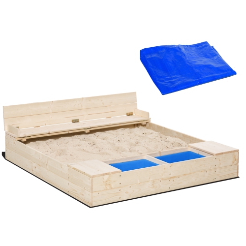 Outsunny Kids Sandbox with Cover, Wooden Sand Box with Foldable Bench Seat, 2 Plastic Boxes, Bottom Liner, Storage Space, Outdoor Sand Box for Kids B