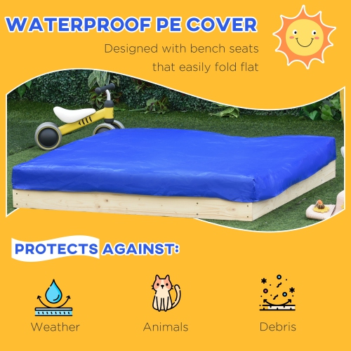 Bac à sable Outsunny Kids avec couvercle, boîte à sable en bois avec banc pliable, 2 boîtes en plastique, doublure inférieure, espace de rangement,